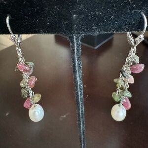 Rainbow Tourmaline Pearl Drop Earrings Gemstone Sterling Silver